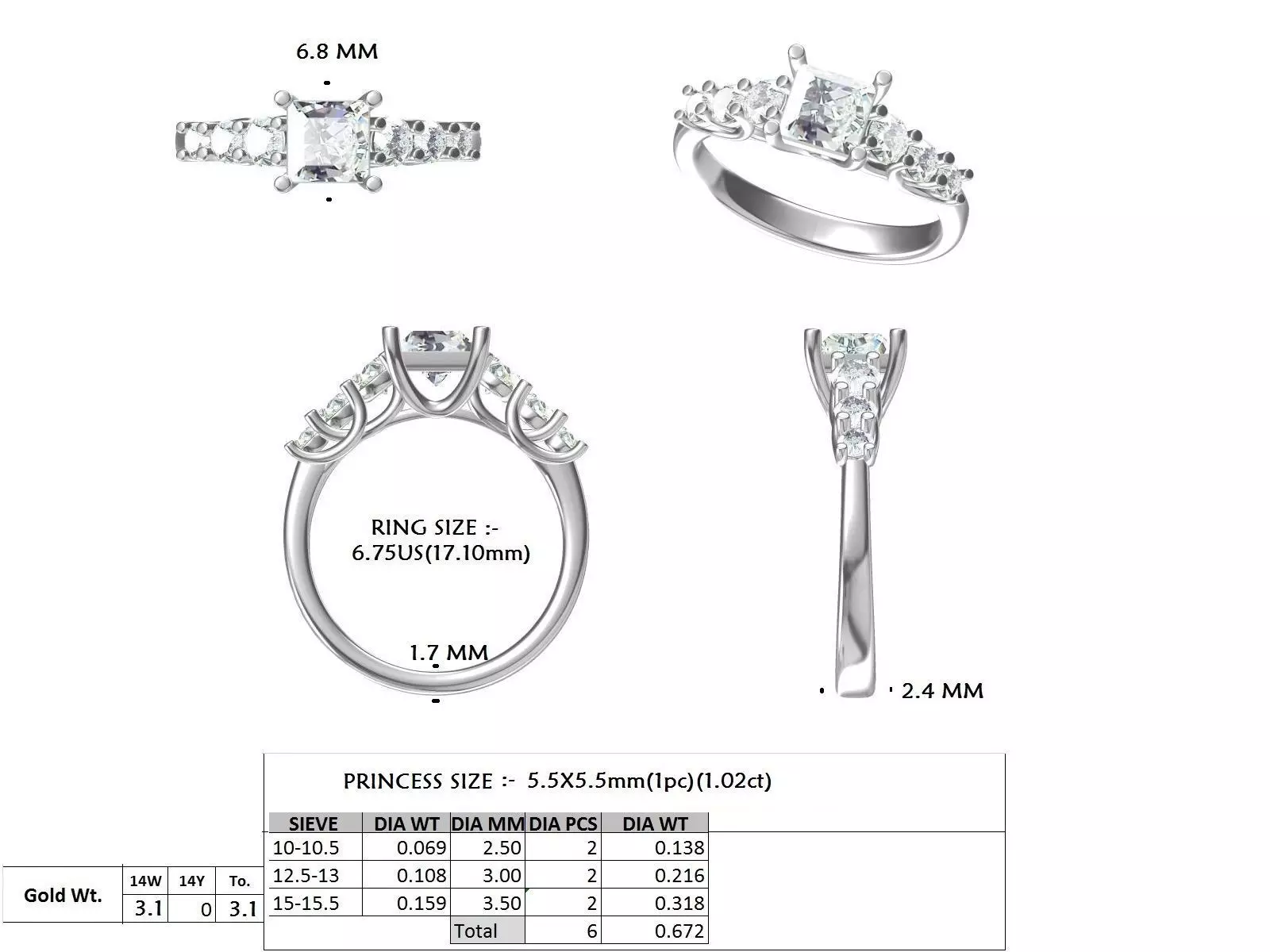 1CT Princess Cut Seven Stone Engagement Ring 3DM STL Video 3D print model_15