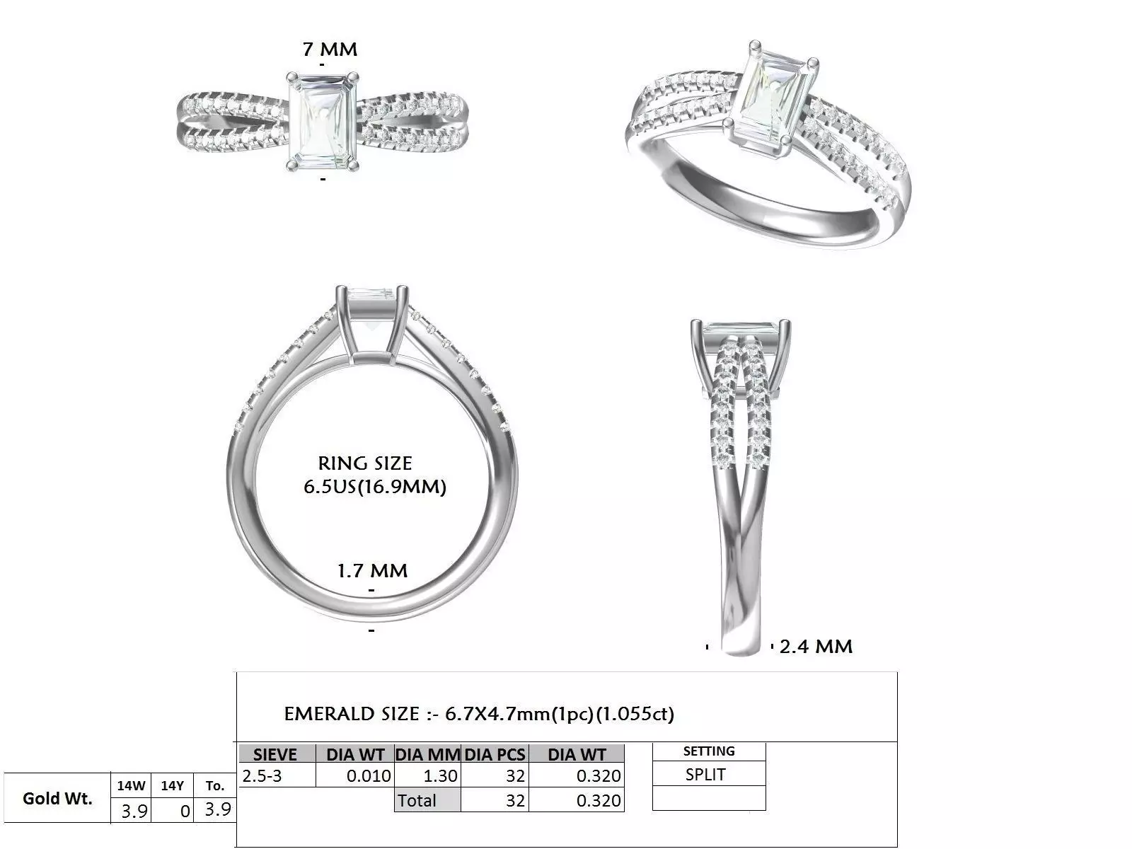 1Ct Emerald Cut Split Shank Engagement Wedding Ring File Video 3D print model_15