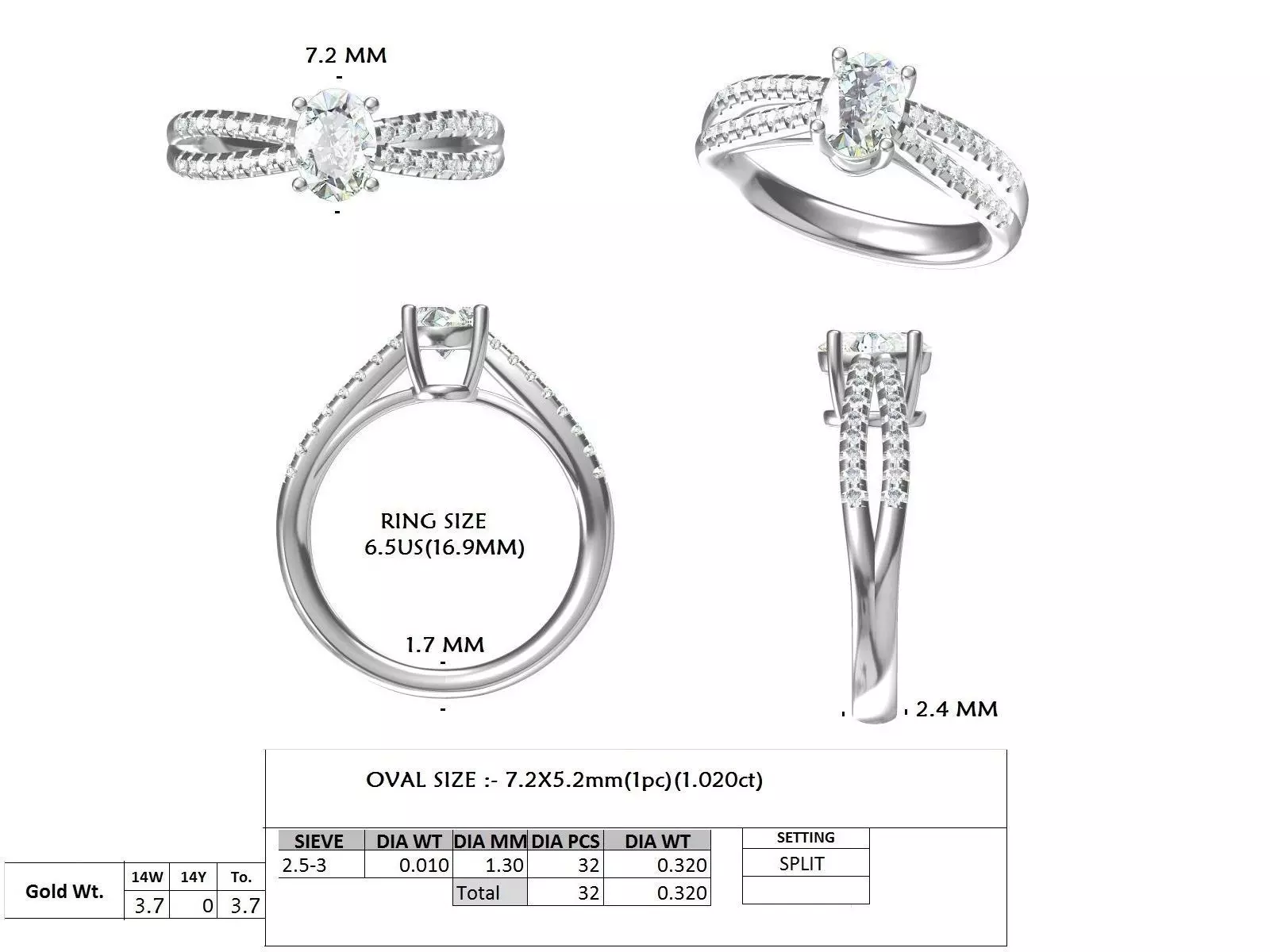 1CT Oval Cut Split Shank Engagement Wedding Ring 3DM STL Video 3D print model_15