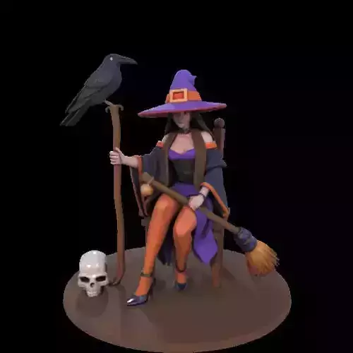 2056  Elegant Witch with Broom  Raven and Skull  Colorful 