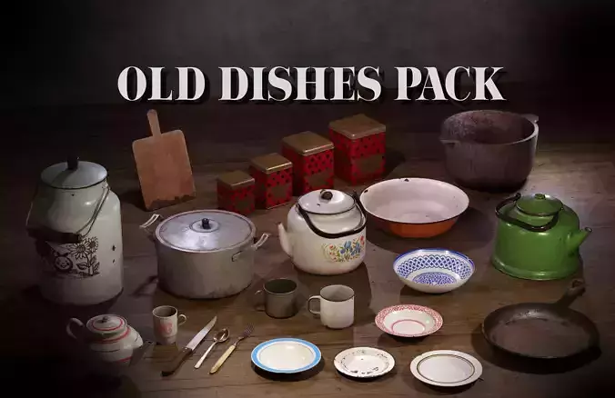 Old dishes pack Low-poly 3D model