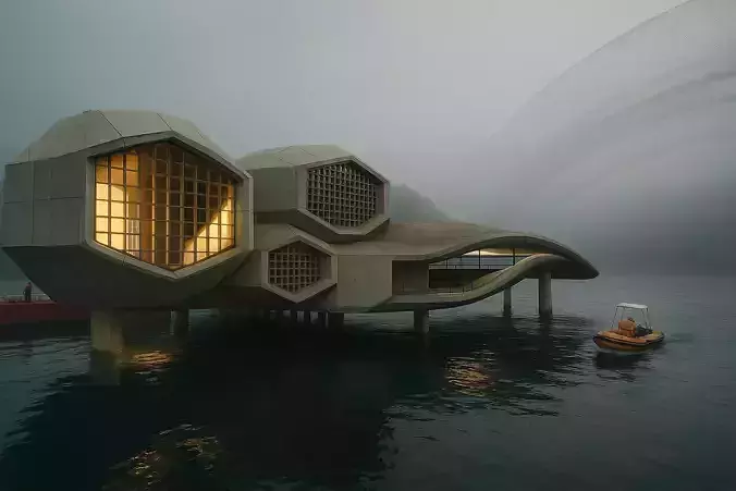 Futuristic Hexagonal House  Concept on Water 3D Model