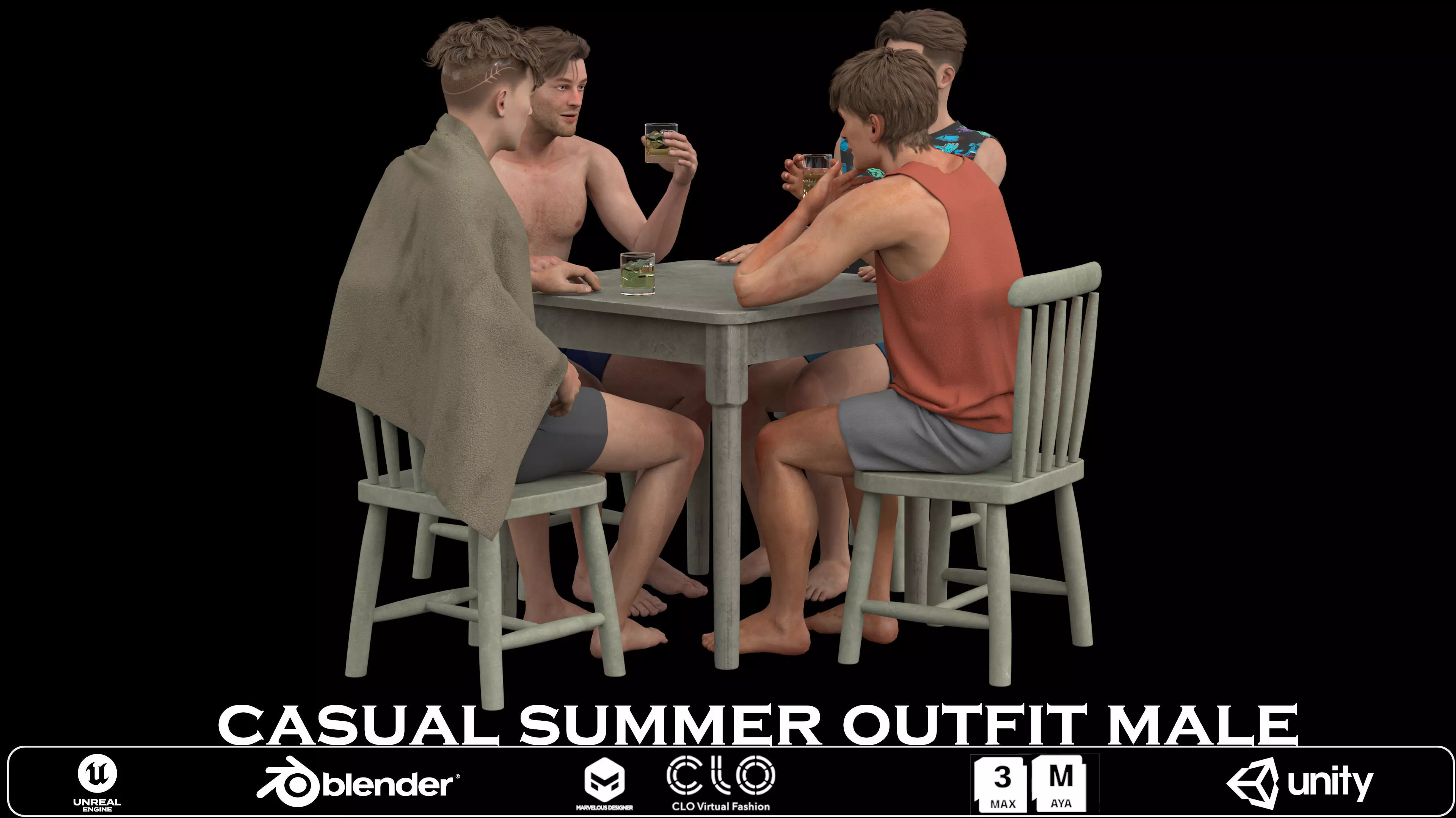 Casual Summer Outfit Male Models Low-poly 3D model_0