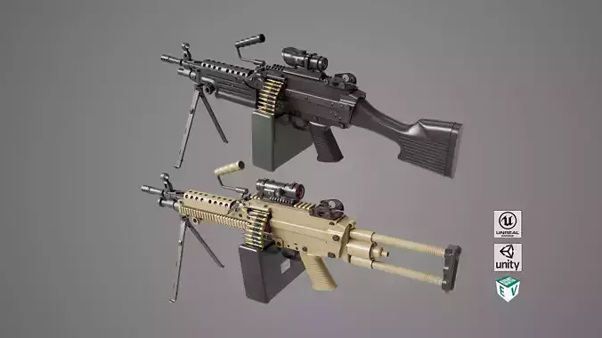 Machine Gun Sandal and Black Ammo Box All PBR Textures Low-poly 3D model