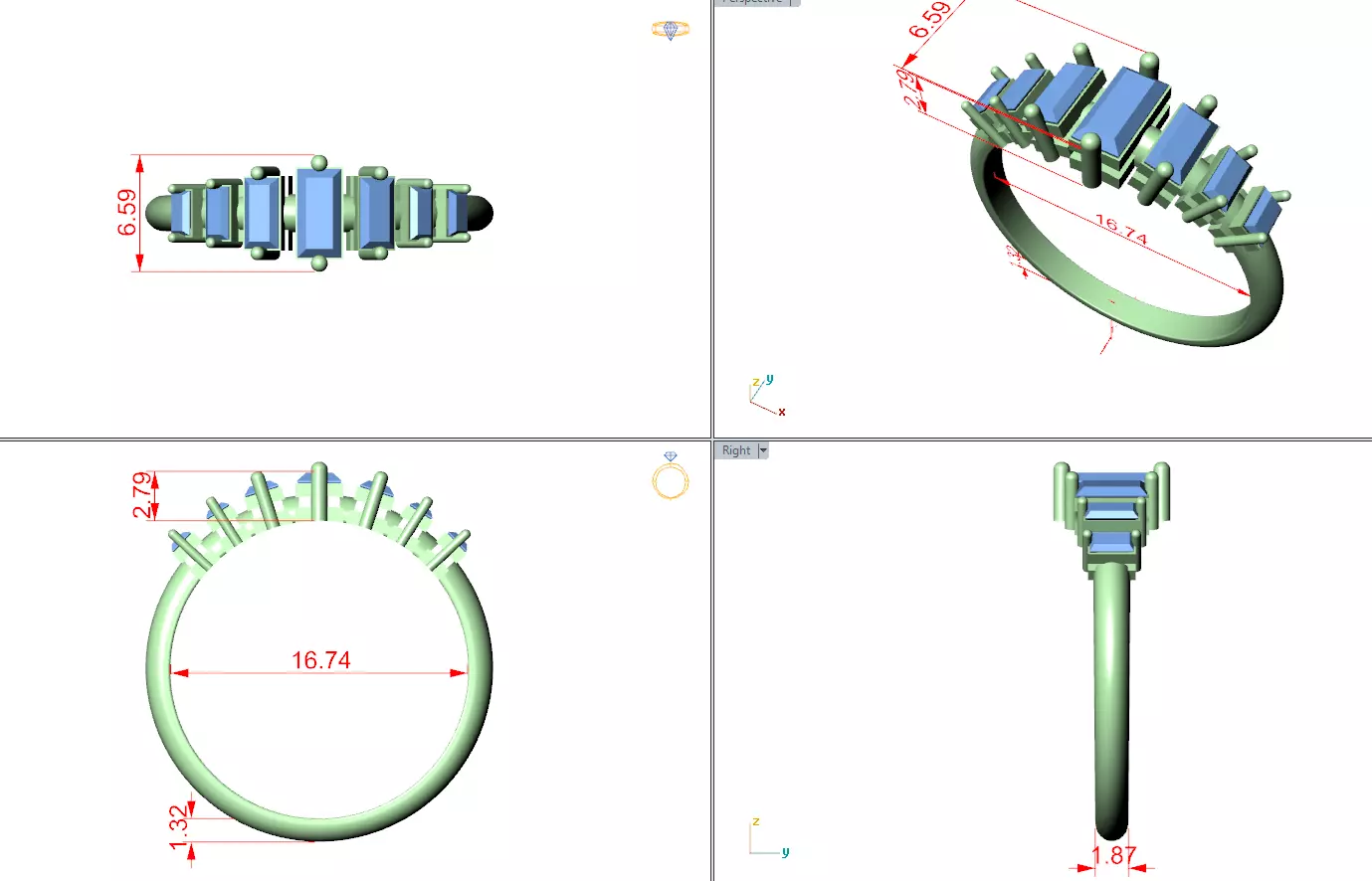 Seven Baguette Diamond Engagement Wedding Band 3DM STL Video 3D print model_12