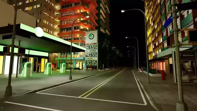 City Downtown Skyscraper Street - Night - Unreal - Lot 06