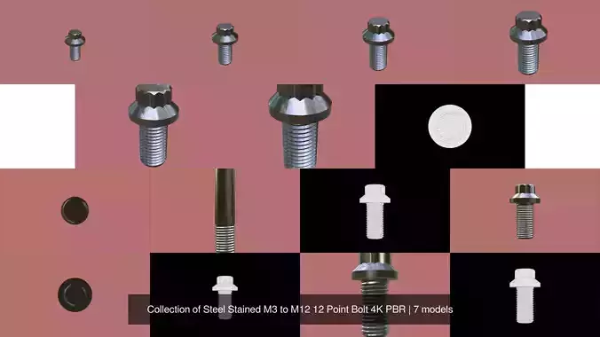 Collection of Steel Stained M3 to M12 12 Point Bolt 4K PBR