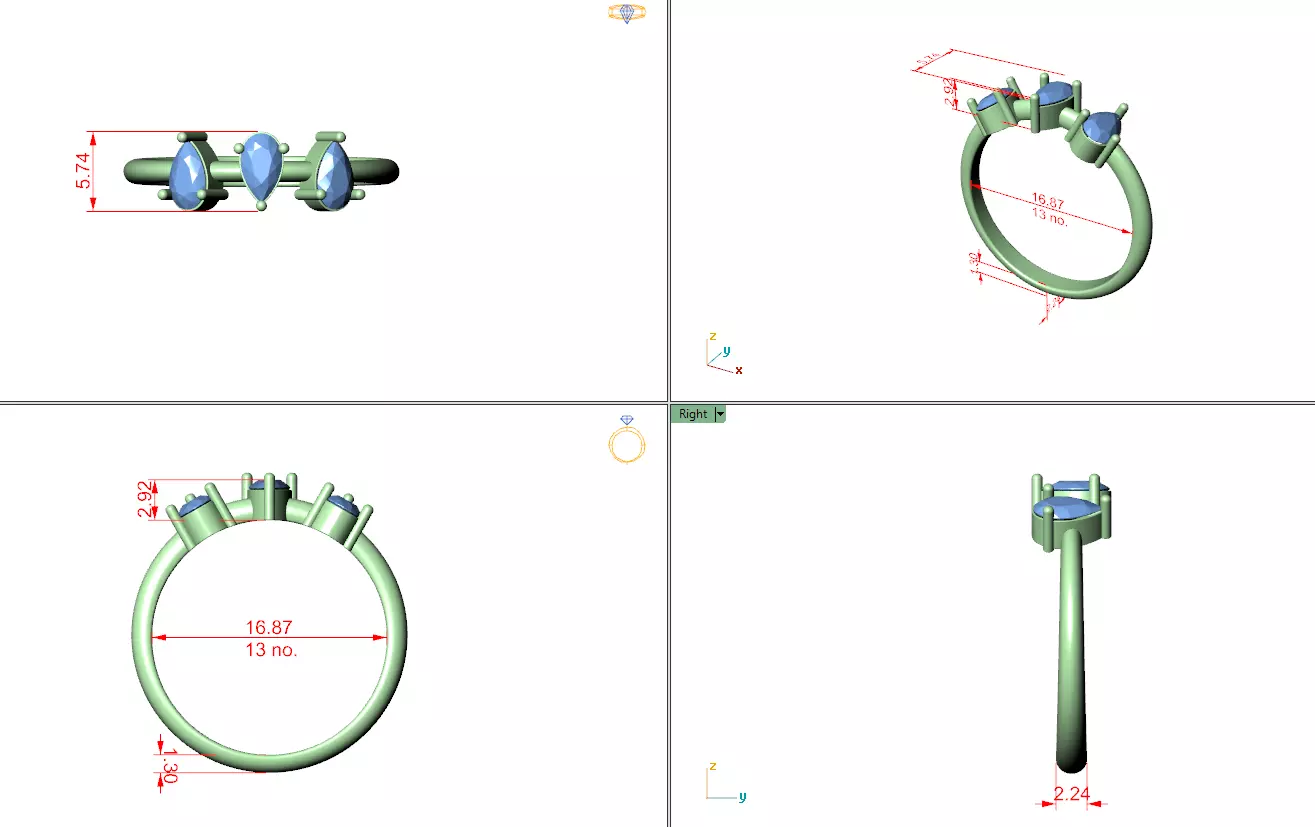 Three Stone Pear Diamond Engagement Wedding Ring 3DM STL Video 3D print model_12