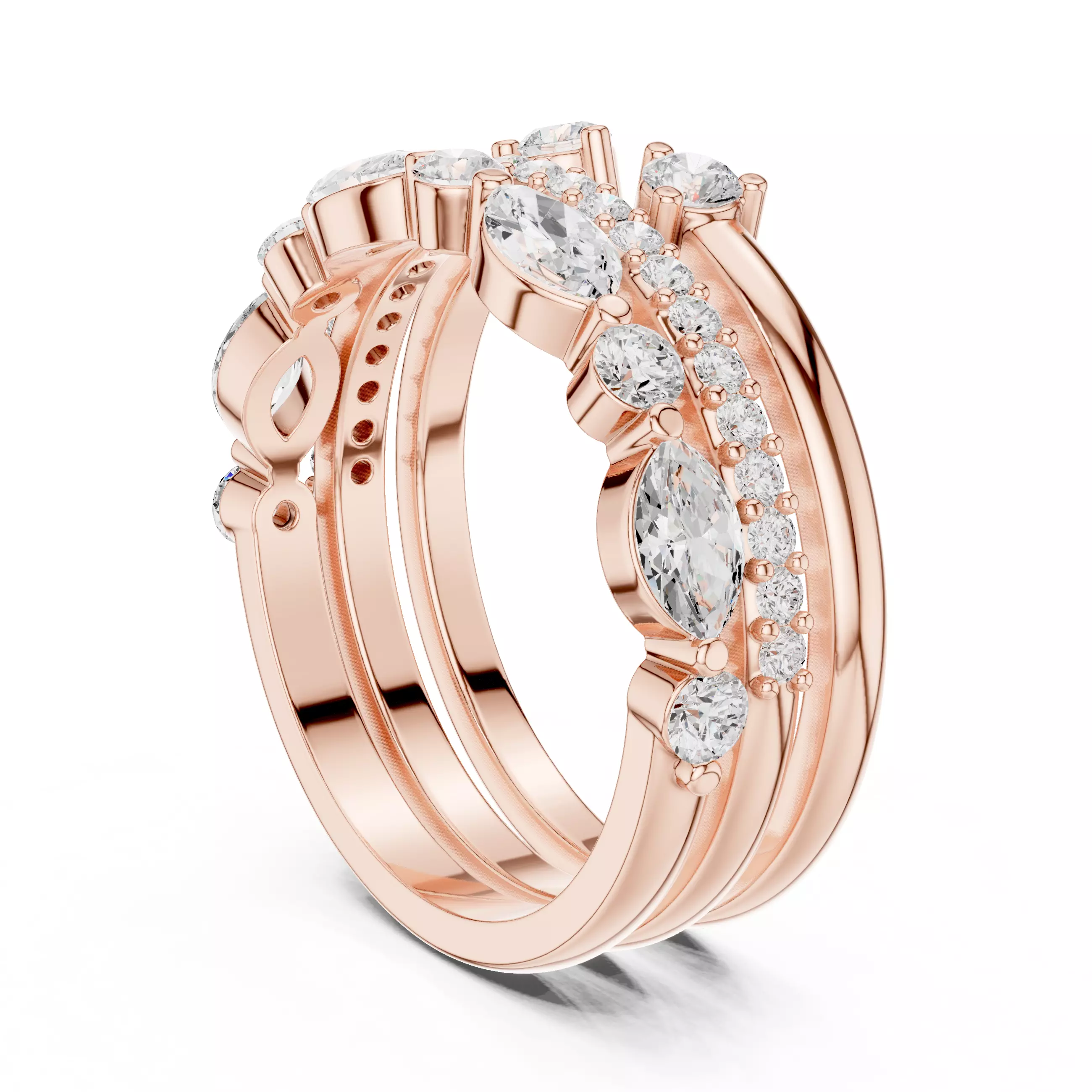 3 PCS Marquise Cut Diamond Wedding Band Set of 3 3DM STL Video 3D print model_3