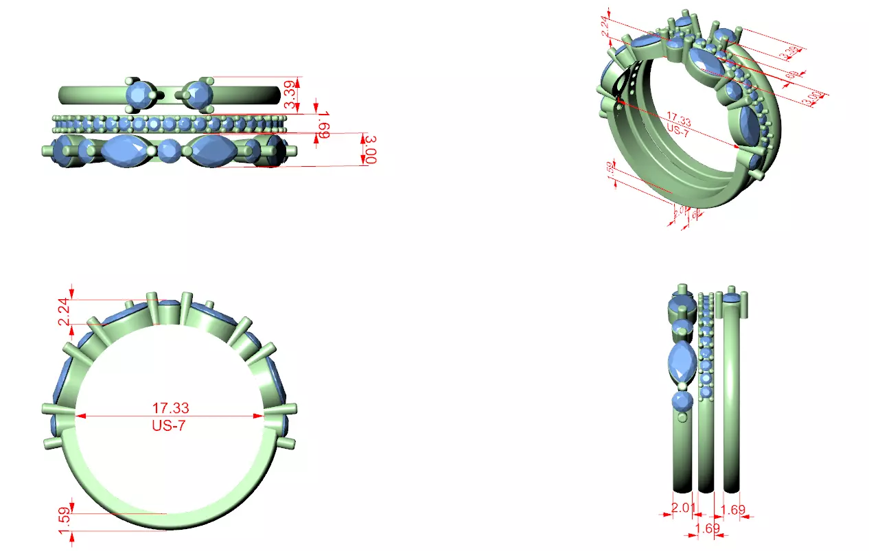 3 PCS Marquise Cut Diamond Wedding Band Set of 3 3DM STL Video 3D print model_12