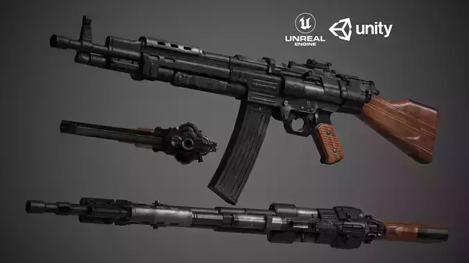 Game Ready Assault Rifle 1946 3D Model  Rigged And Optimized 