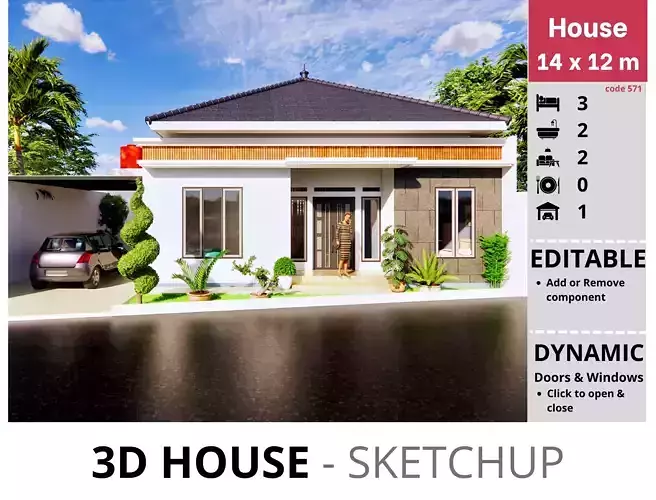 House 14x12m code 571 - Sketchup 3D model 3D model