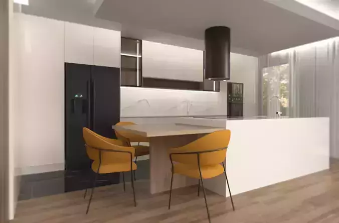  Minimalist Kitchen in White and Oak 3D model