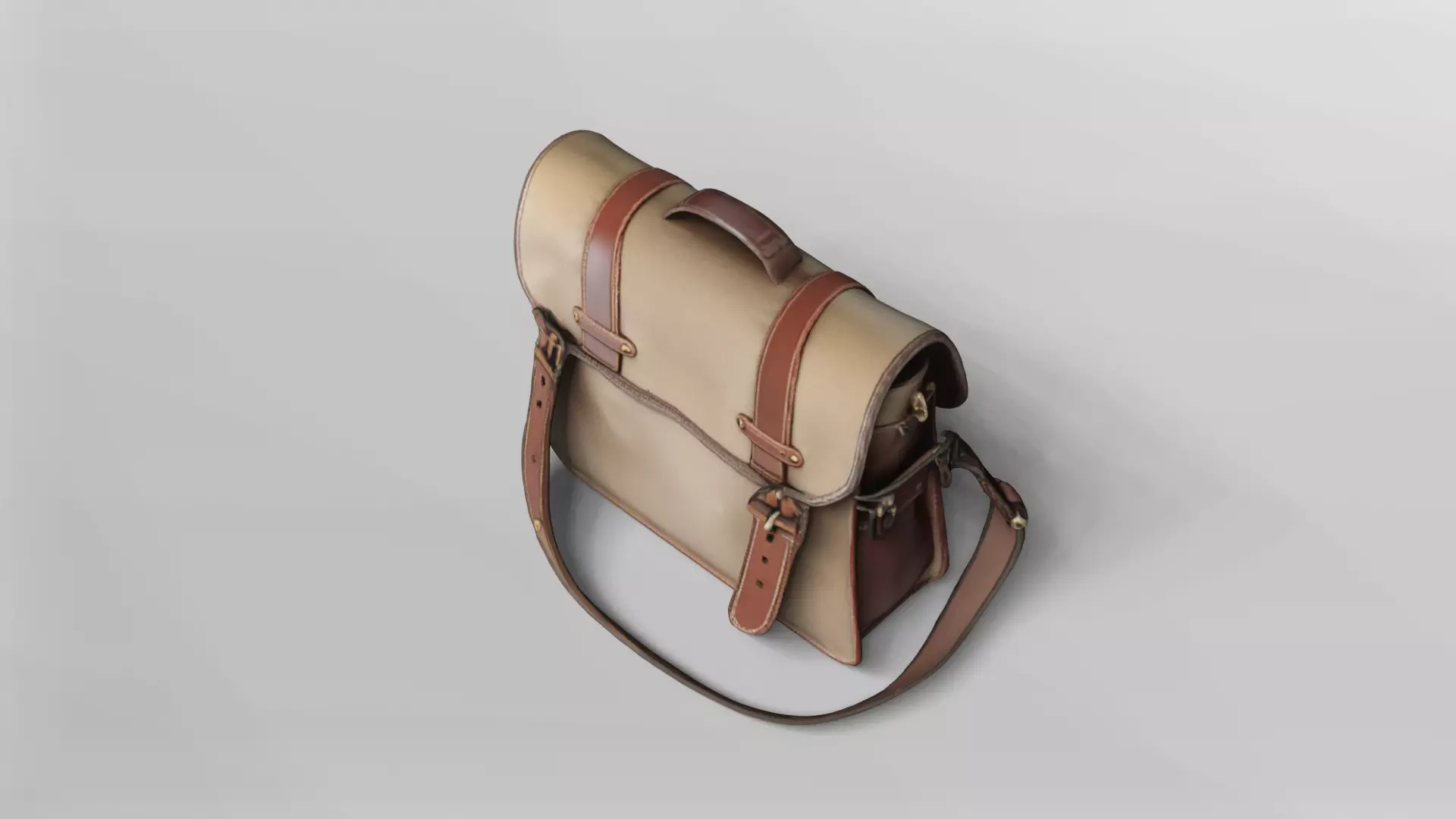 Vintage Leather and Canvas Messenger Bag 3D Model 3D model_4