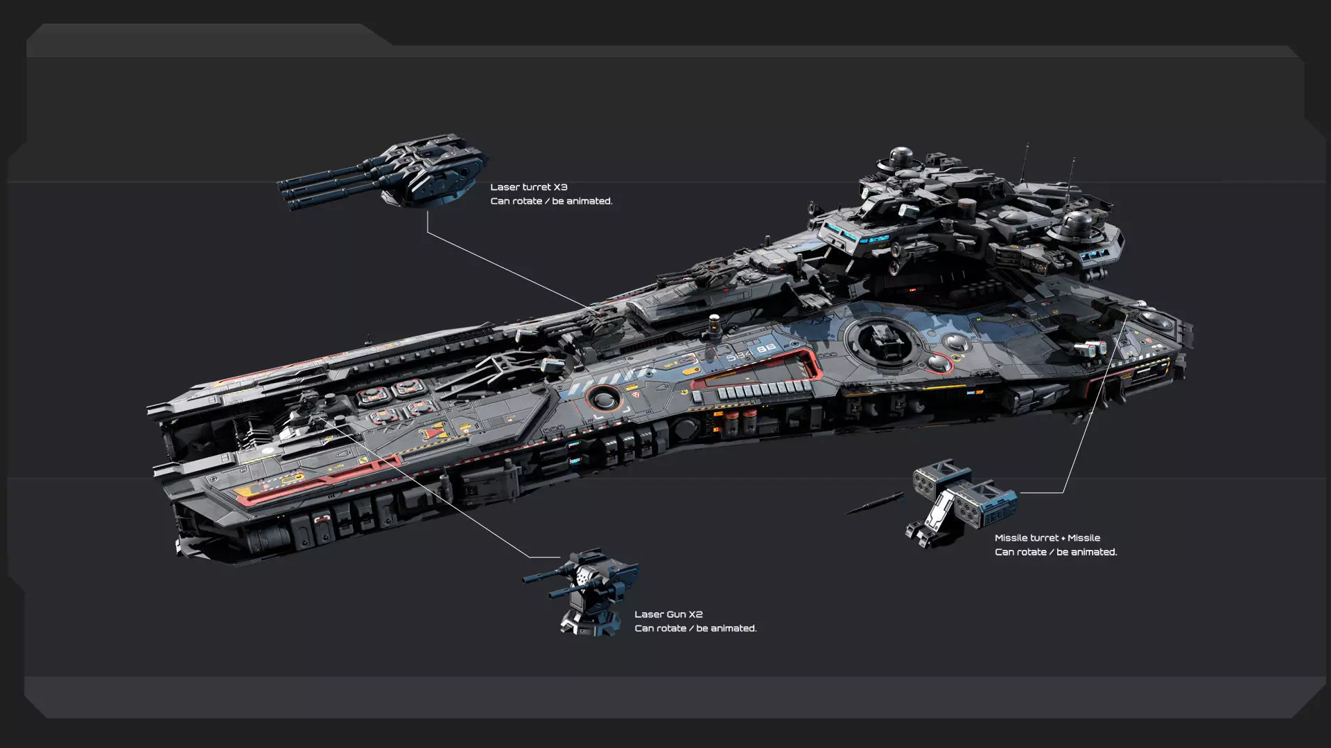 SF Spacecraft Corvette Low-poly 3D model_9