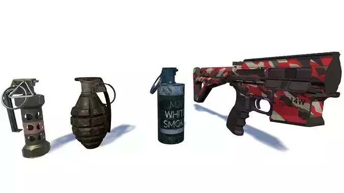 3D Weapon Grenade Pack Pistol with Camo Smoke Frag Flash bang Low-poly 3D model