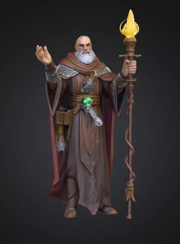 Bearded Cleric with Glowing Staff 28mm RPG Miniature STL 3D print model_3