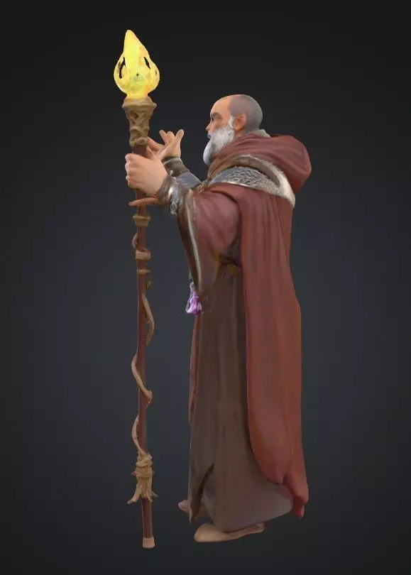 Bearded Cleric with Glowing Staff 28mm RPG Miniature STL 3D print model_2