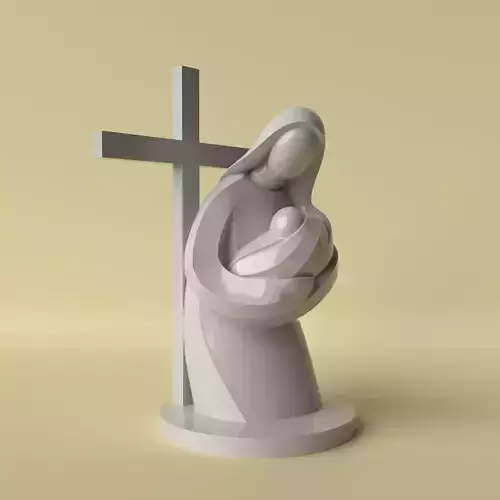 Minimalist Virgin Mary with Child and Cross Statue