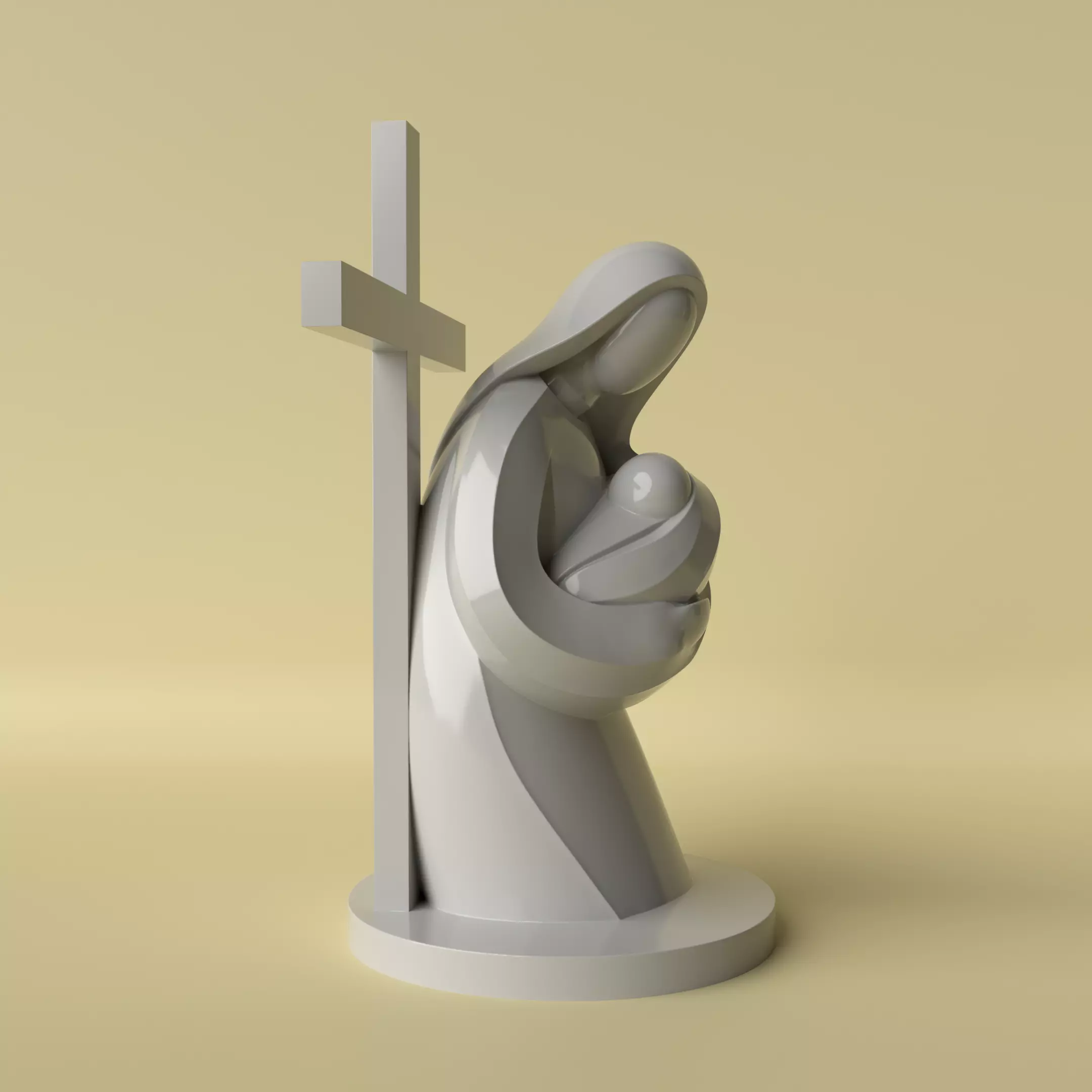 Minimalist Virgin Mary with Child and Cross Statue 3D print model_1
