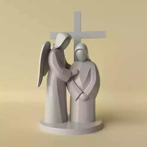 Minimalist Angel with Virgin Mary Statue and Cross