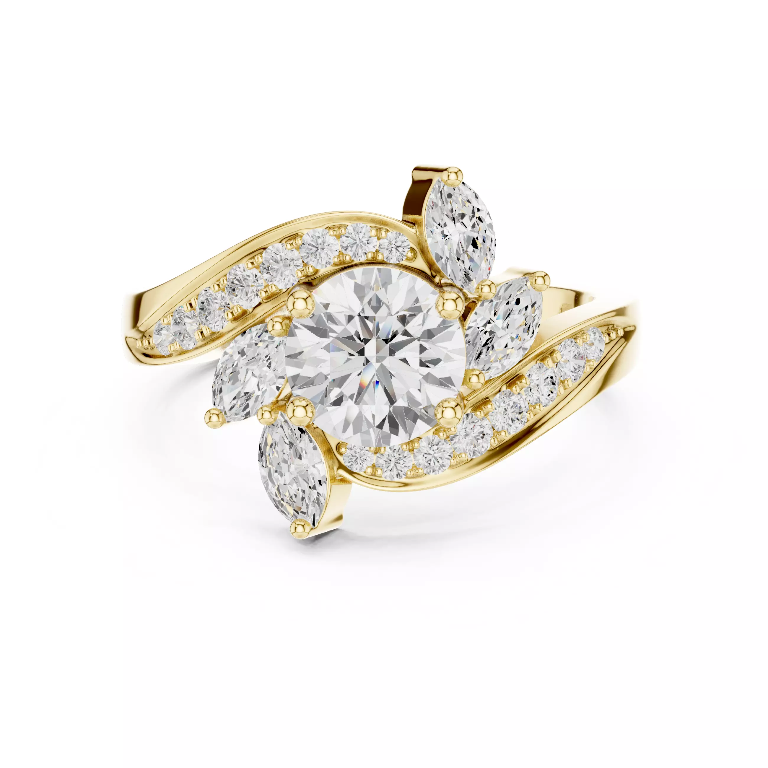 Round and Marquise Diamond Swirl Wedding Ring 3DM STL Video 3D print model_1