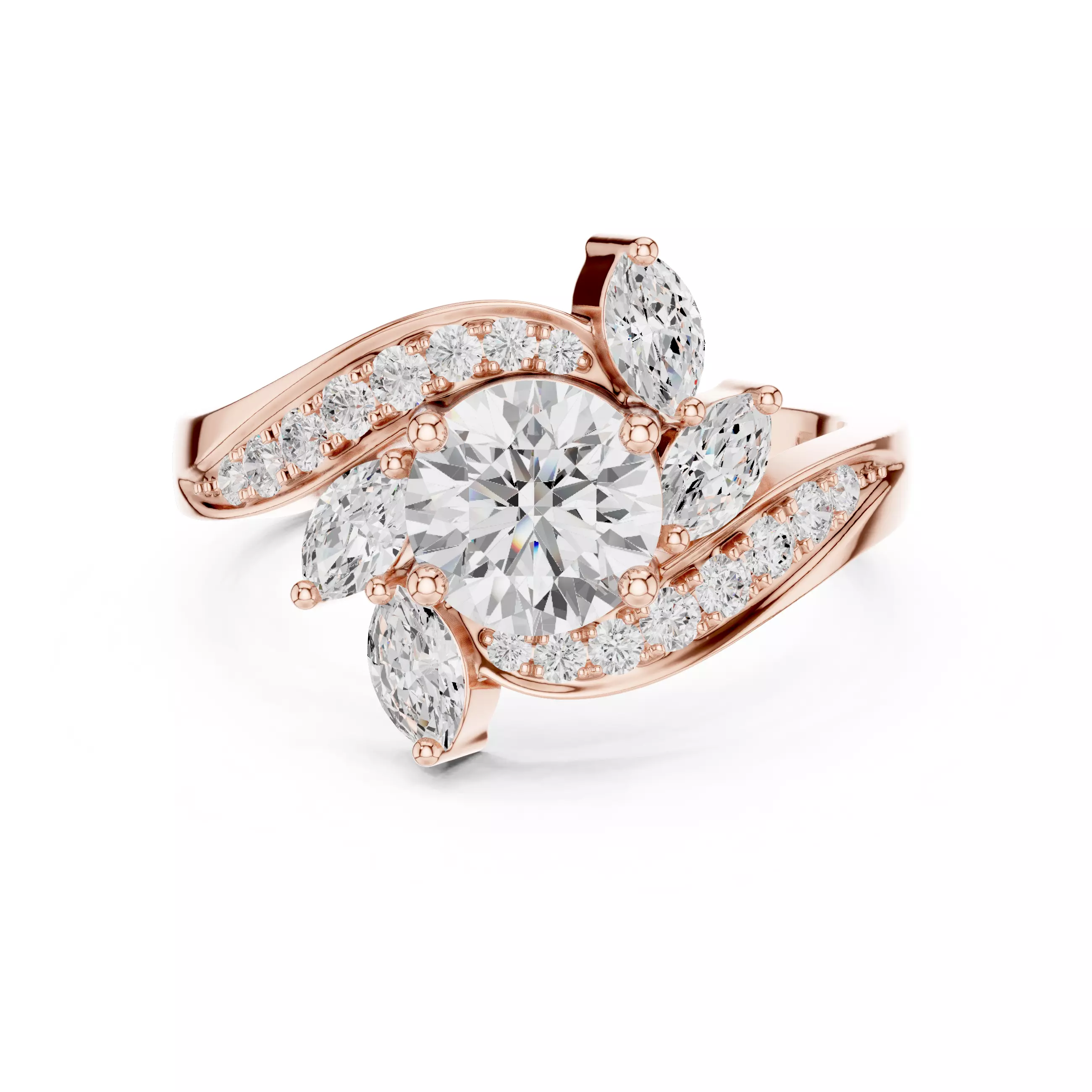 Round and Marquise Diamond Swirl Wedding Ring 3DM STL Video 3D print model_0