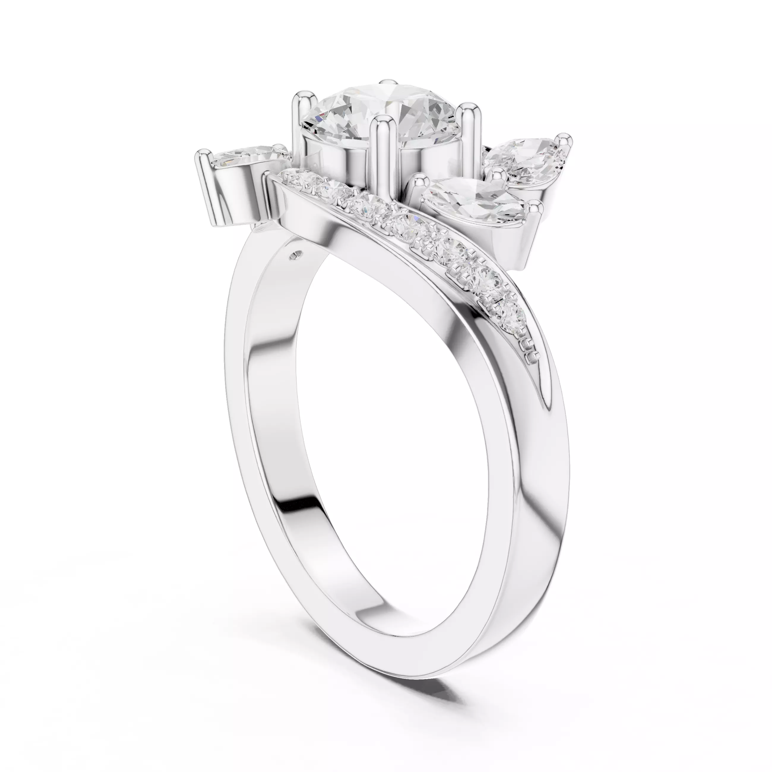 Round and Marquise Diamond Swirl Wedding Ring 3DM STL Video 3D print model_9