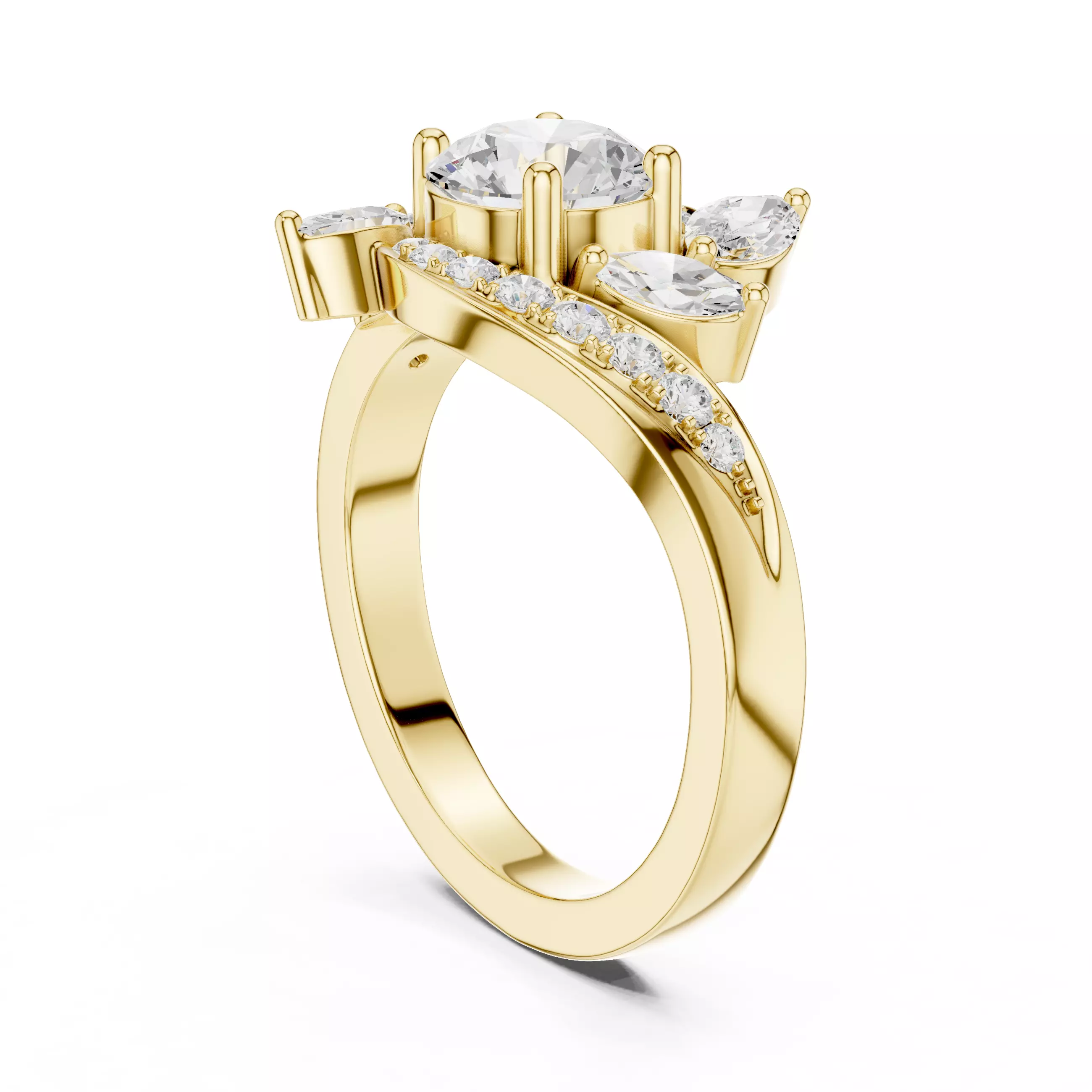 Round and Marquise Diamond Swirl Wedding Ring 3DM STL Video 3D print model_6