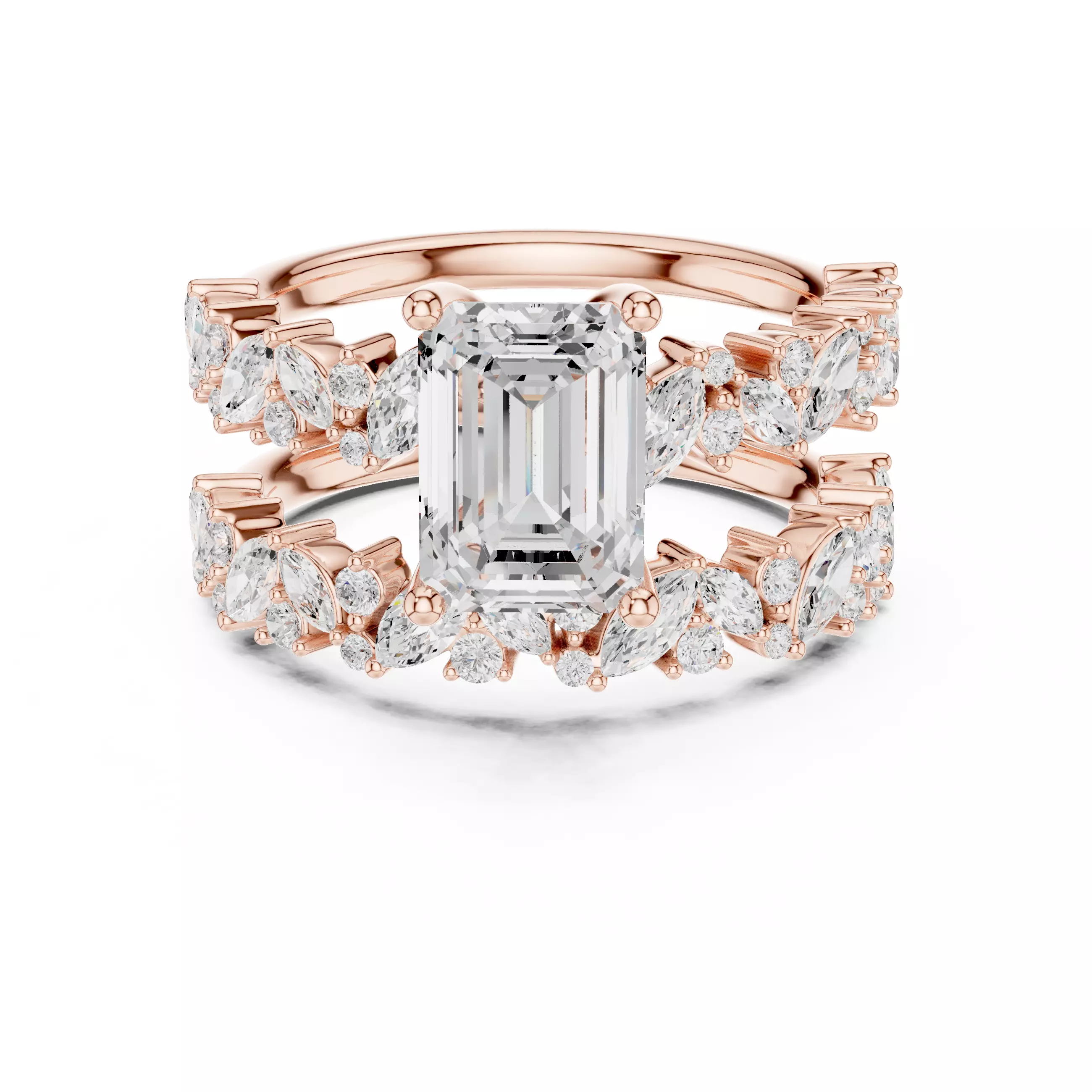 Round and Marquise Shank Emerald Diamond Ring Set 3DM STL Video 3D print model