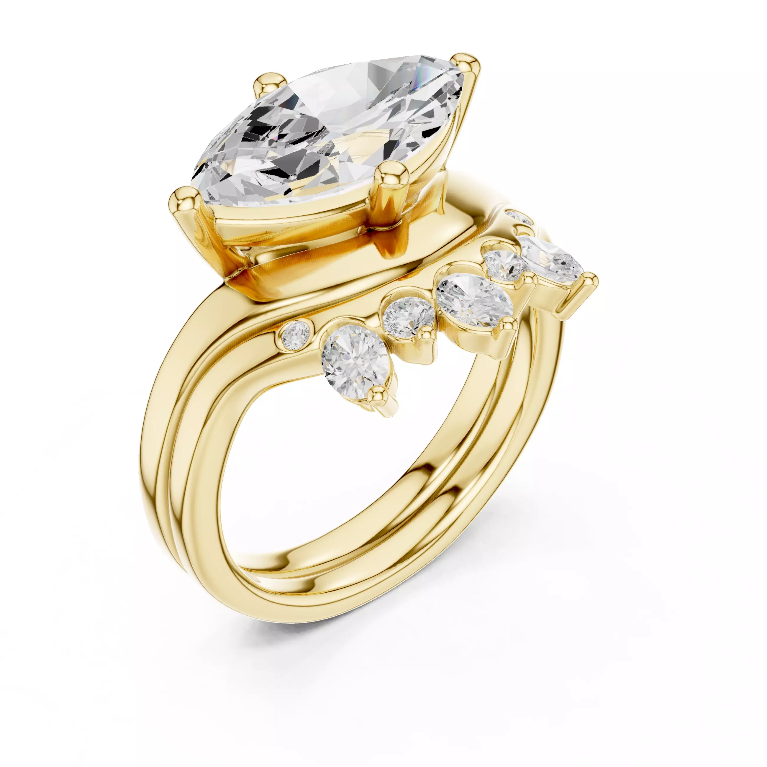 East West Marquise Cut Engagement Wedding Ring Set 3DM STL Video 3D print model_7