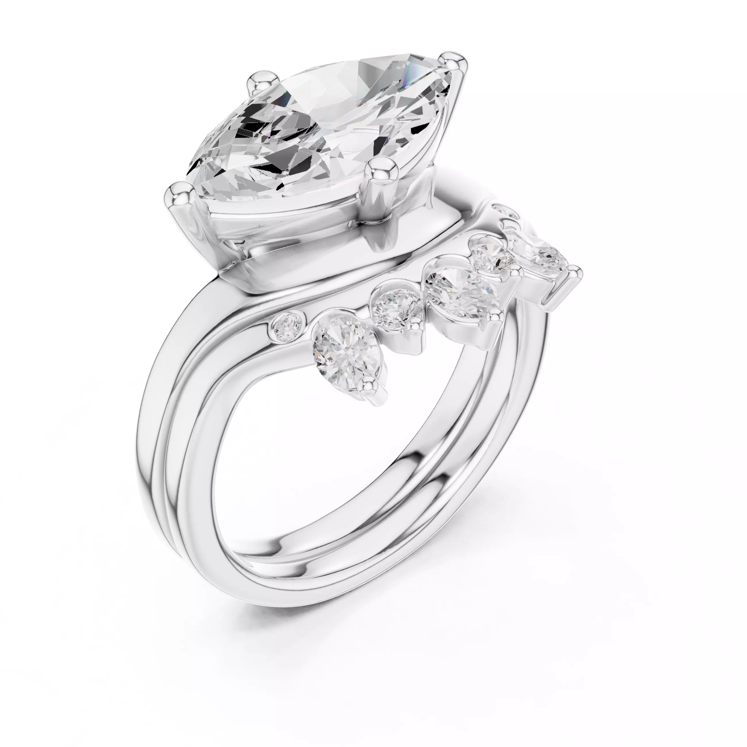 East West Marquise Cut Engagement Wedding Ring Set 3DM STL Video 3D print model_10