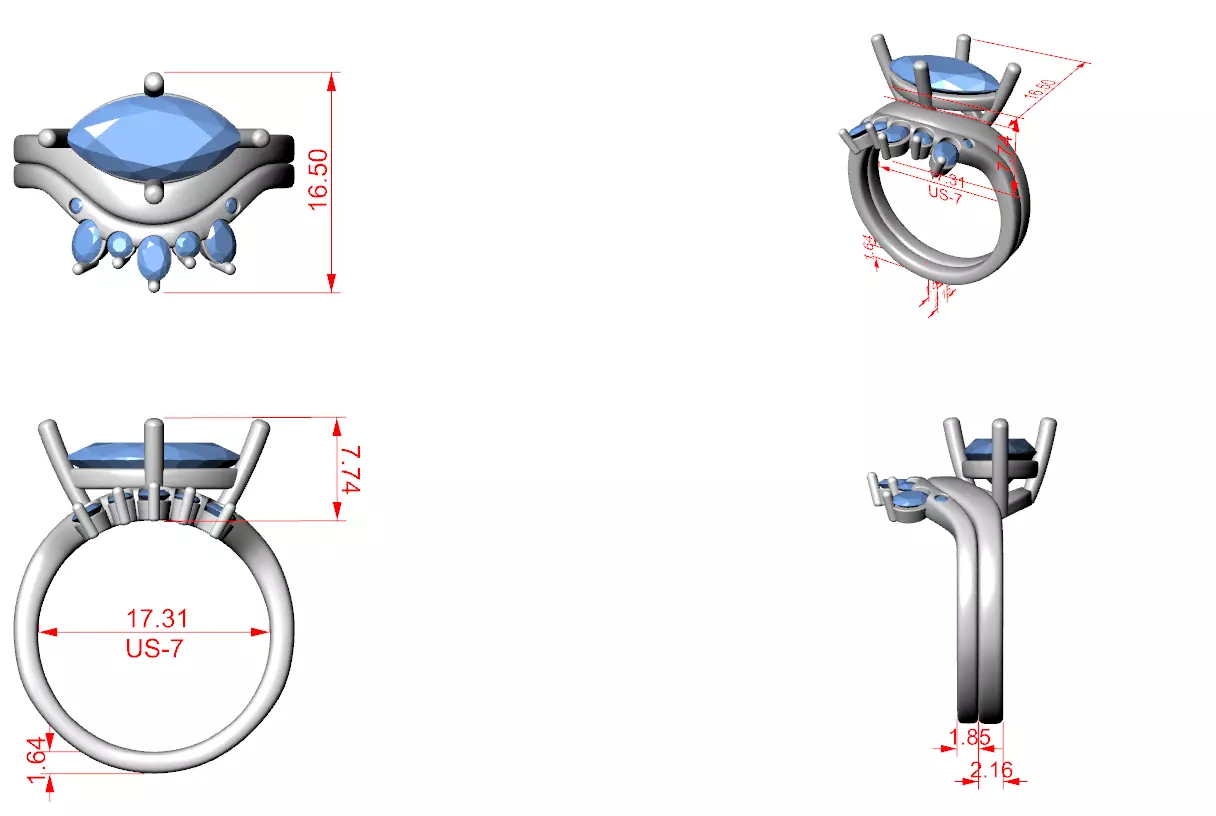 East West Marquise Cut Engagement Wedding Ring Set 3DM STL Video 3D print model_12