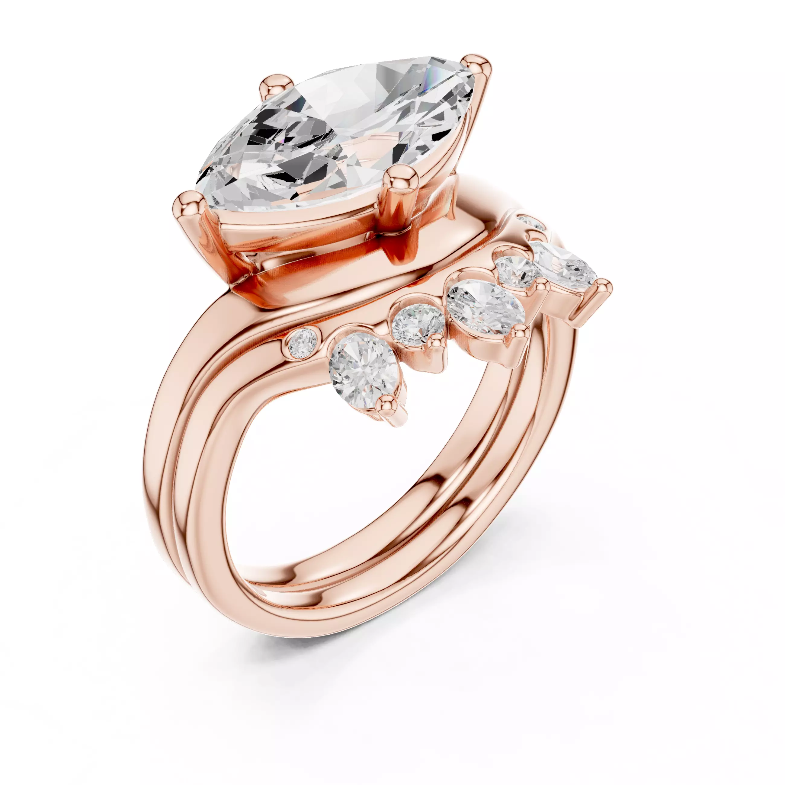 East West Marquise Cut Engagement Wedding Ring Set 3DM STL Video 3D print model_4