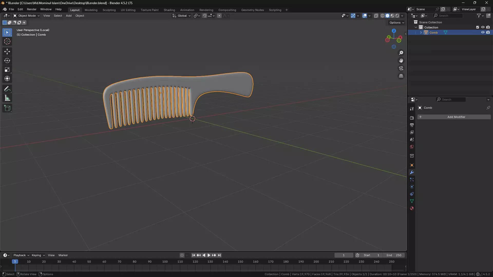 Wide teeth hair comb Low-poly 3D model_2