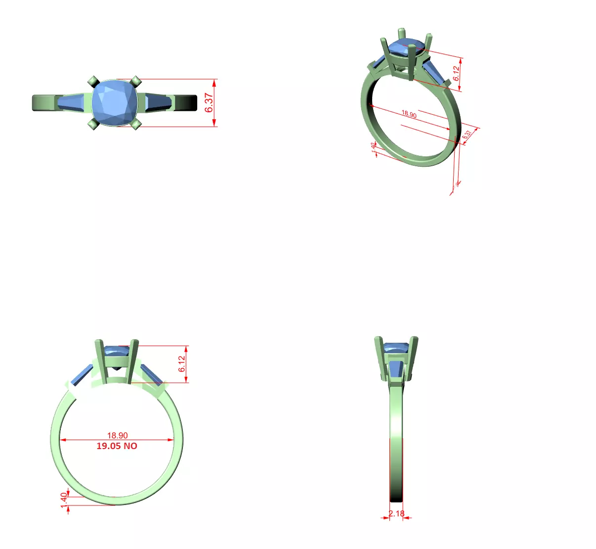 Three Stone Round and Taper Baguette Wedding Ring 3DM STL Video 3D print model_12