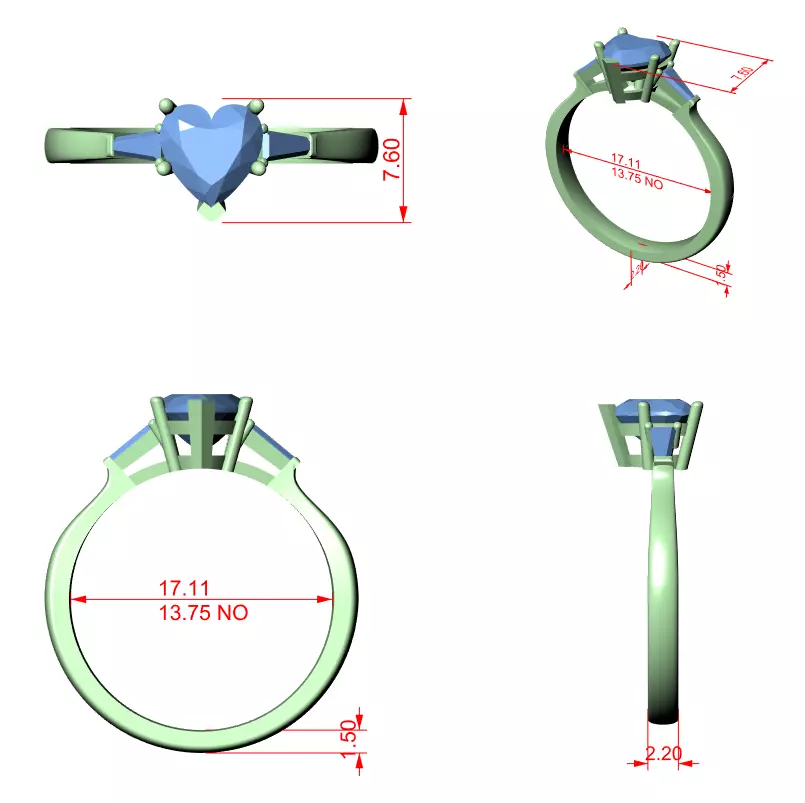 Three Stone Heart and Taper Baguette Wedding Ring 3DM STL Video 3D print model_12
