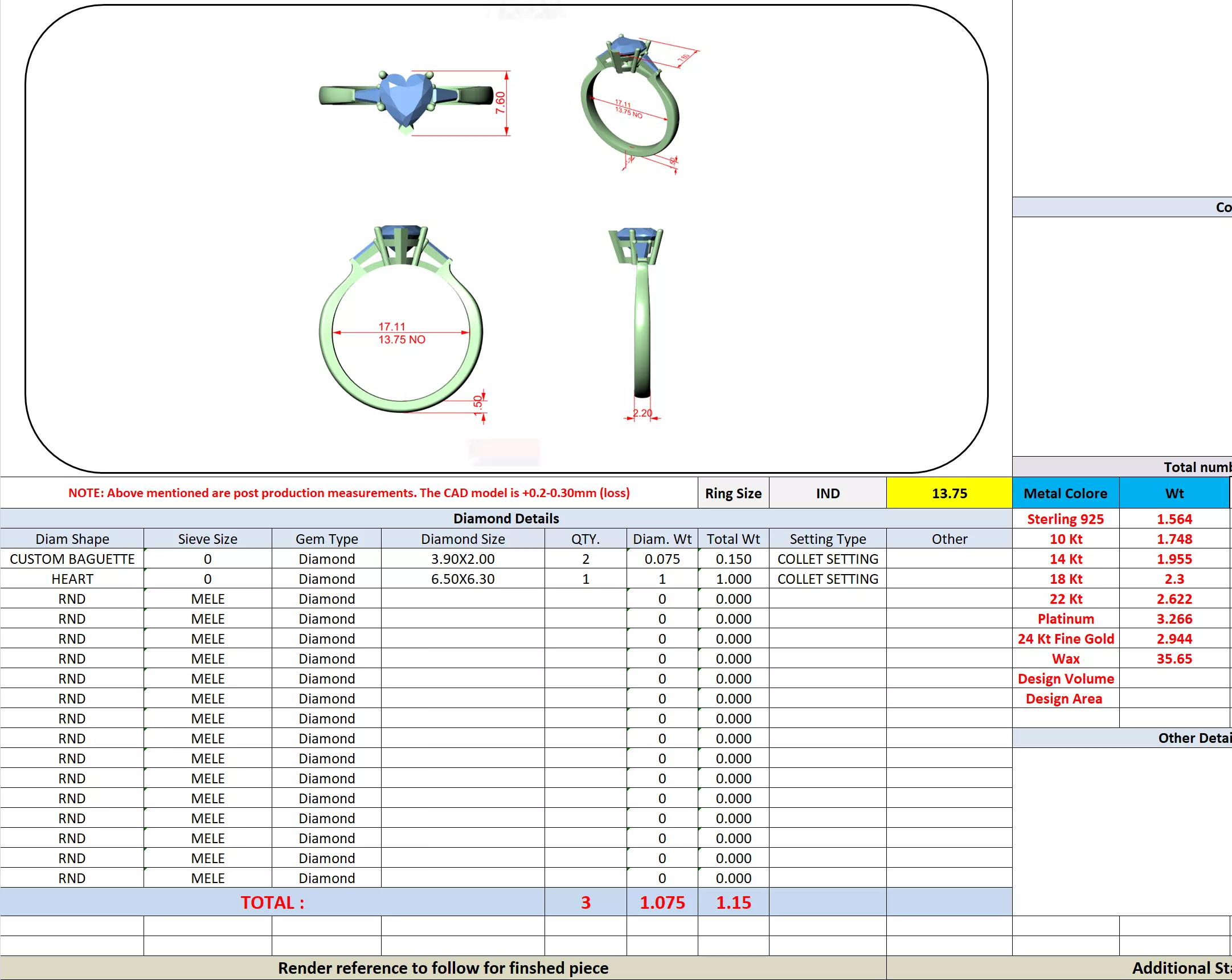 Three Stone Heart and Taper Baguette Wedding Ring 3DM STL Video 3D print model_13
