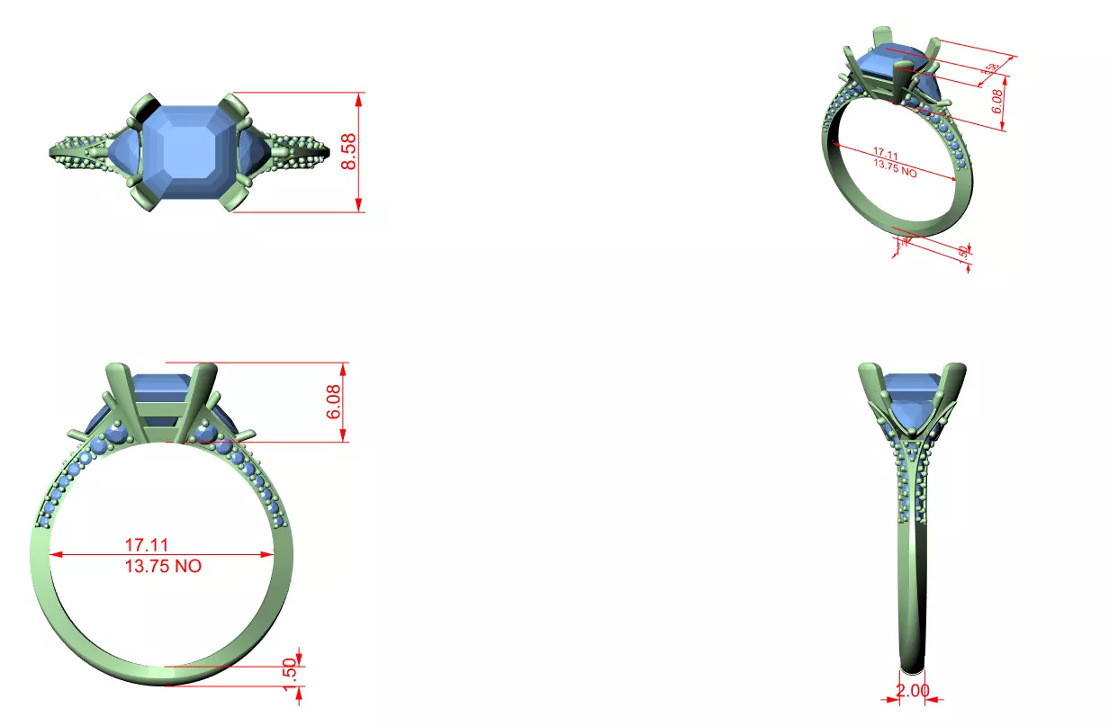 Asscher and Trillion Cut Knife Edge Wedding Ring 3DM STL Video 3D print model_12