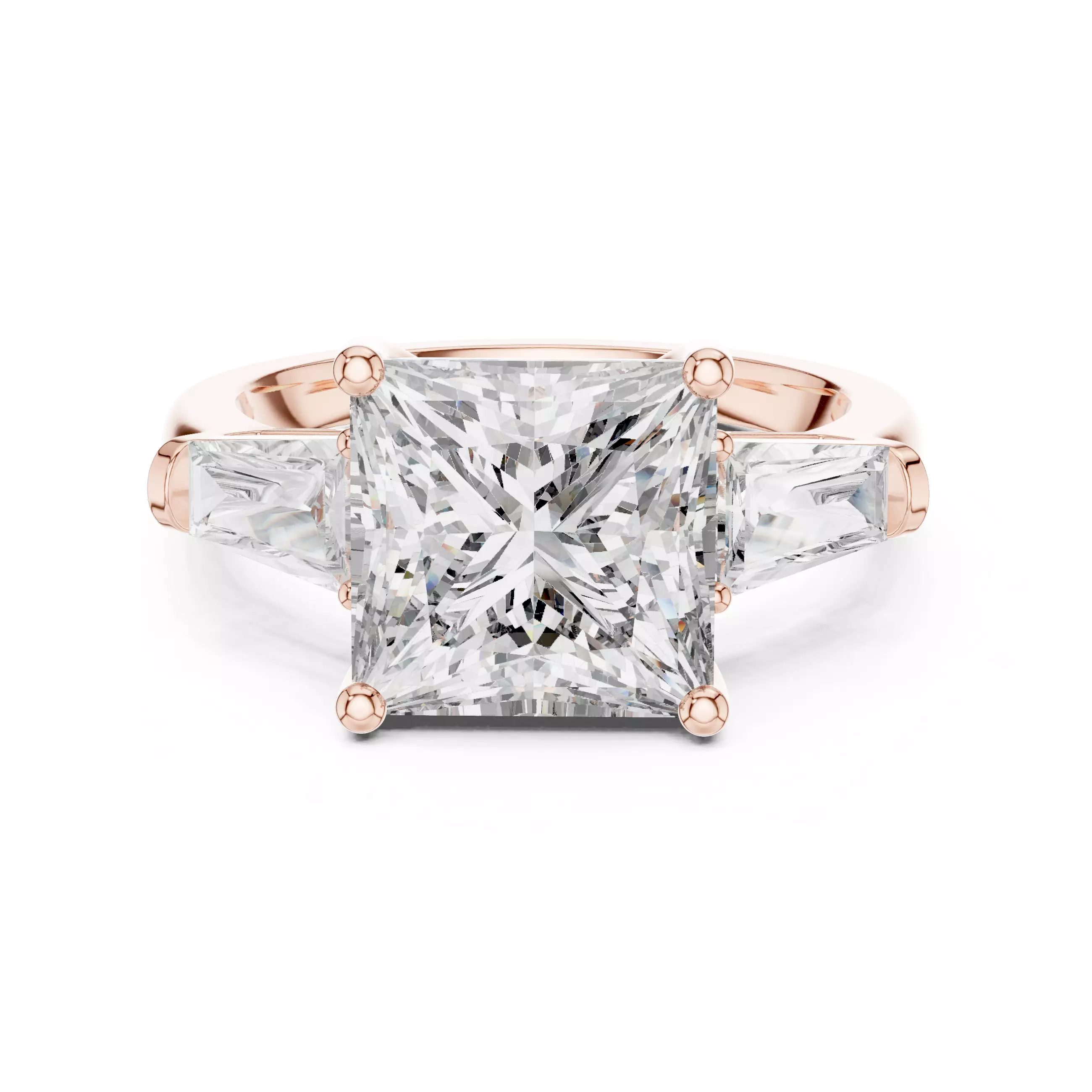 Three Stone Princess and Taper Baguette Woman Ring 3DM STL Video 3D print model_0