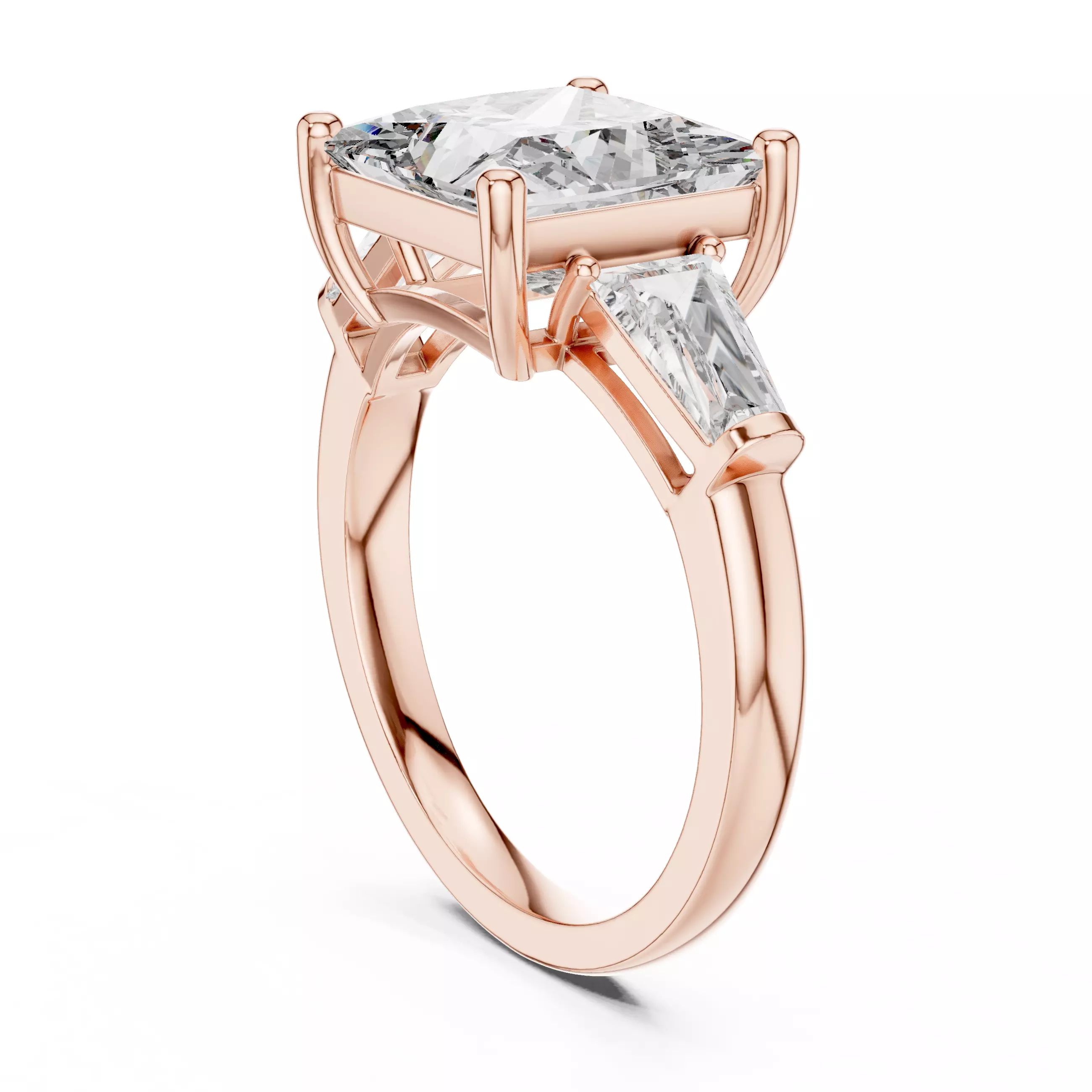 Three Stone Princess and Taper Baguette Woman Ring 3DM STL Video 3D print model_3