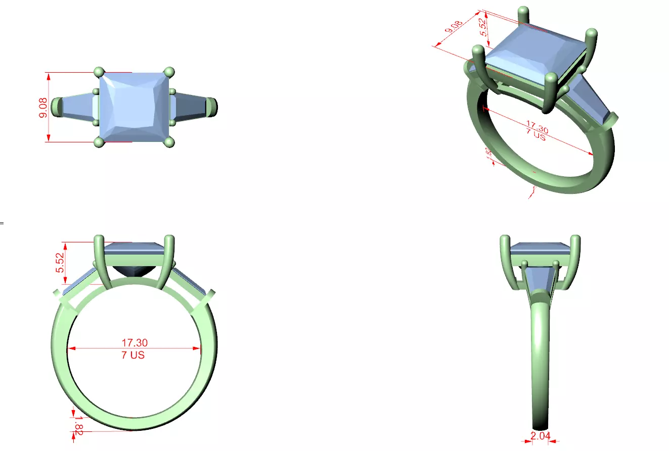 Three Stone Princess and Taper Baguette Woman Ring 3DM STL Video 3D print model_12