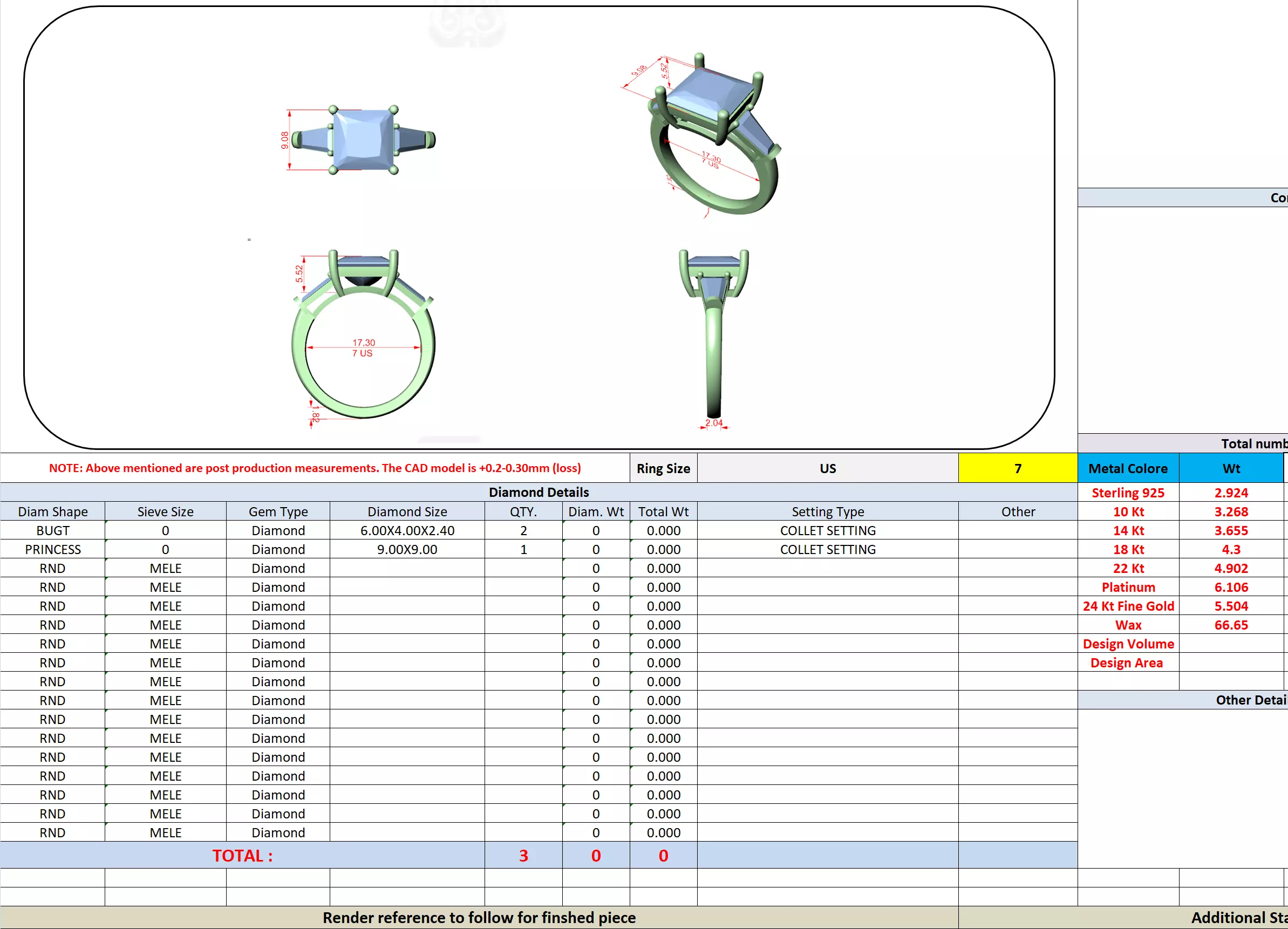 Three Stone Princess and Taper Baguette Woman Ring 3DM STL Video 3D print model_13