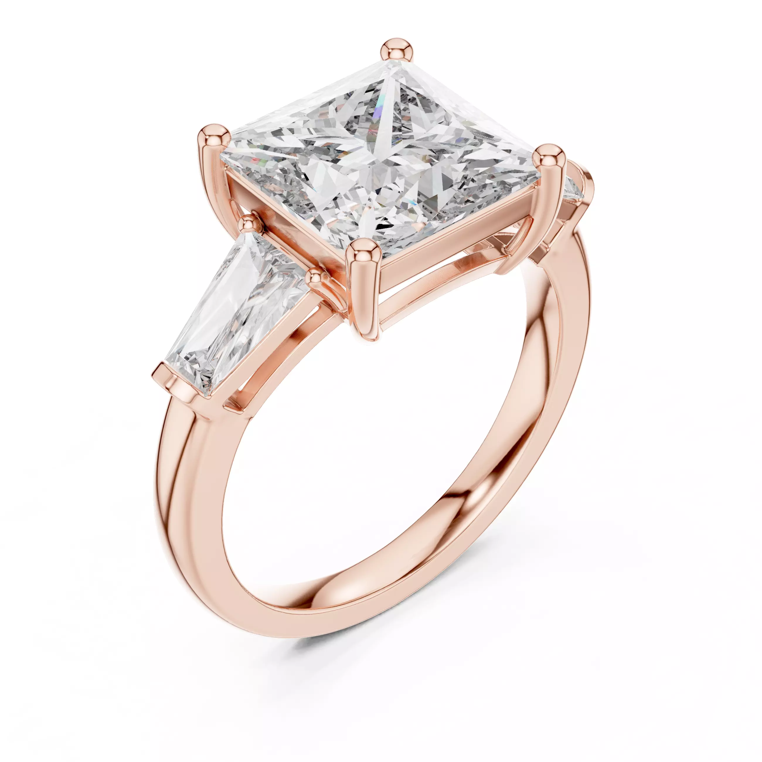 Three Stone Princess and Taper Baguette Woman Ring 3DM STL Video 3D print model_4