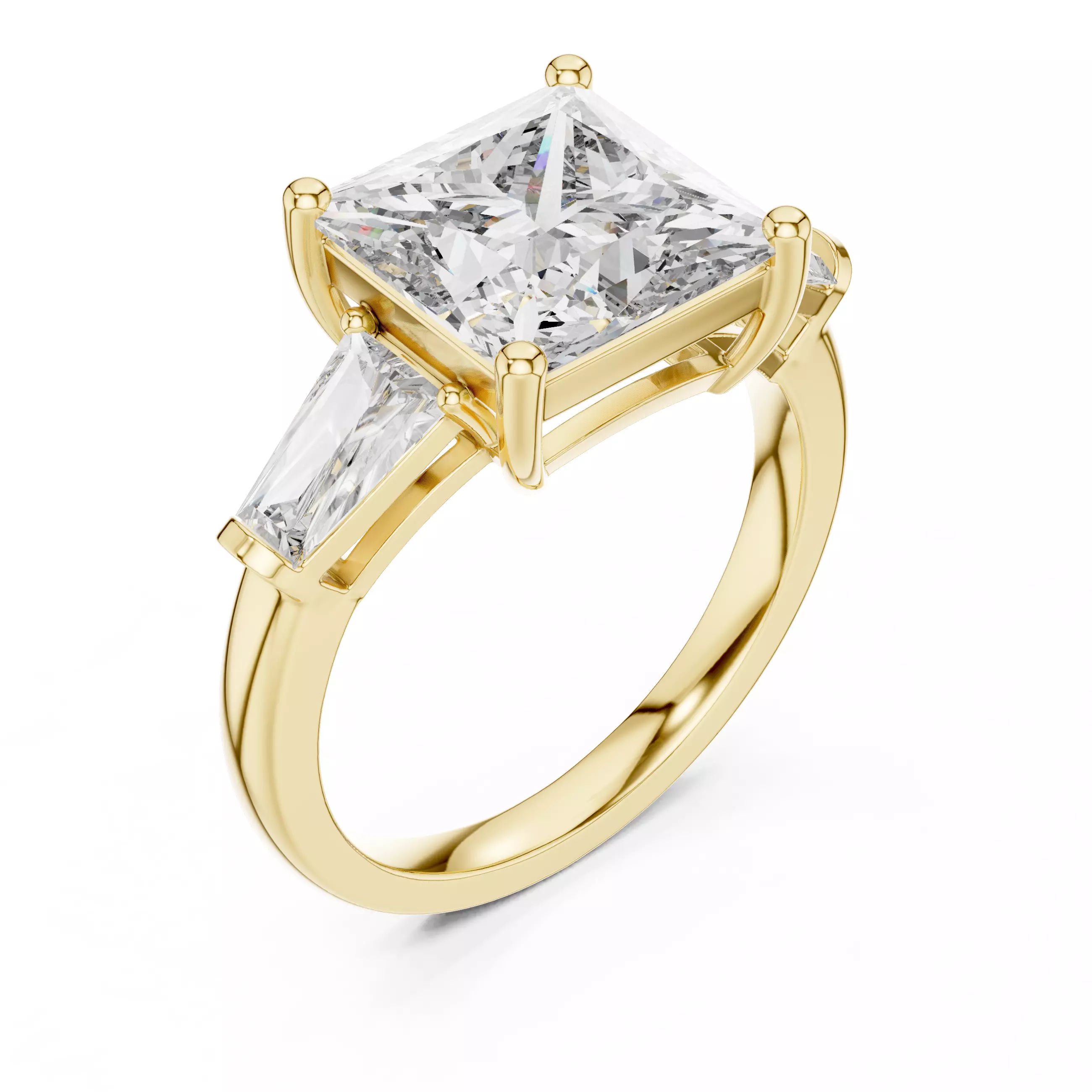 Three Stone Princess and Taper Baguette Woman Ring 3DM STL Video 3D print model_7