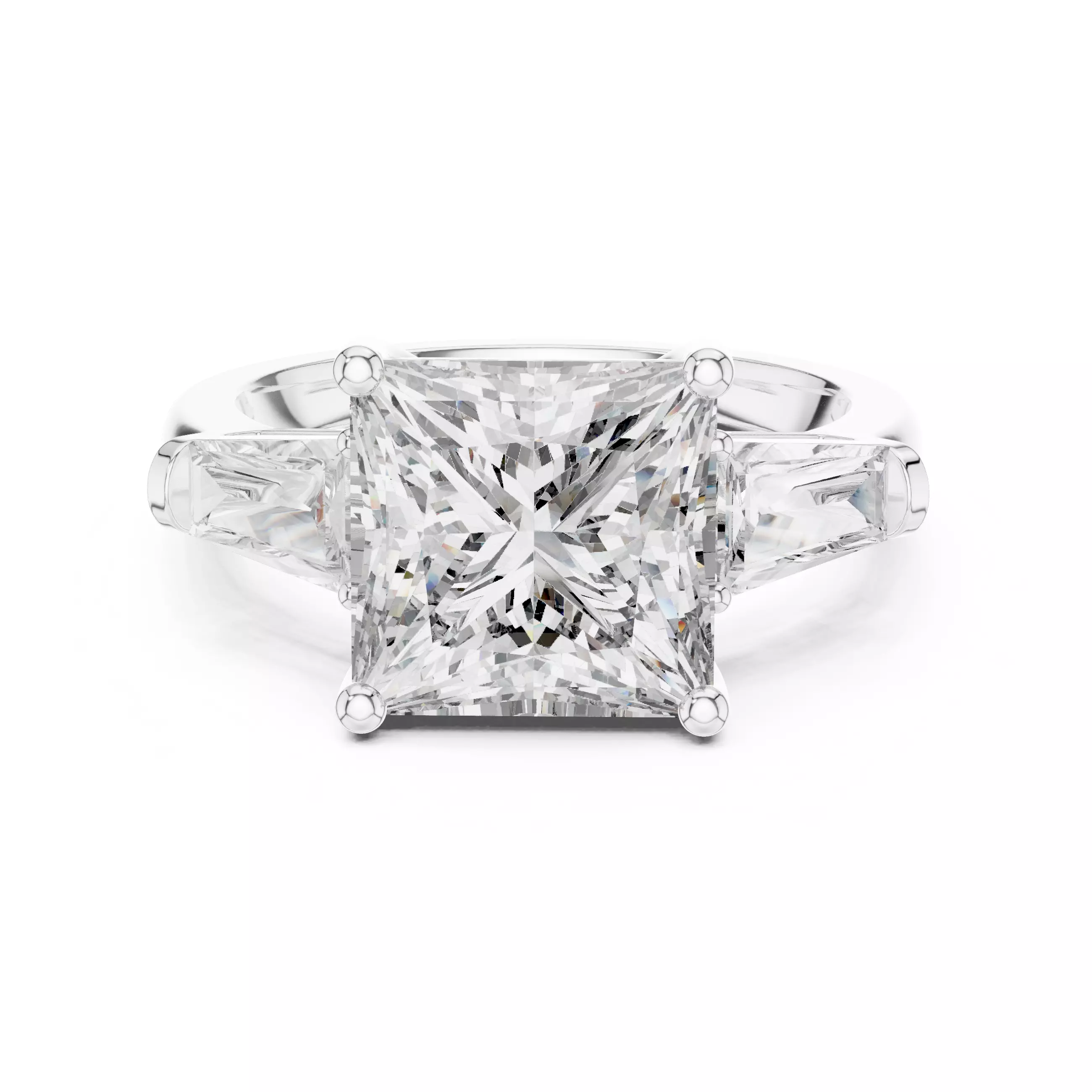 Three Stone Princess and Taper Baguette Woman Ring 3DM STL Video 3D print model_2