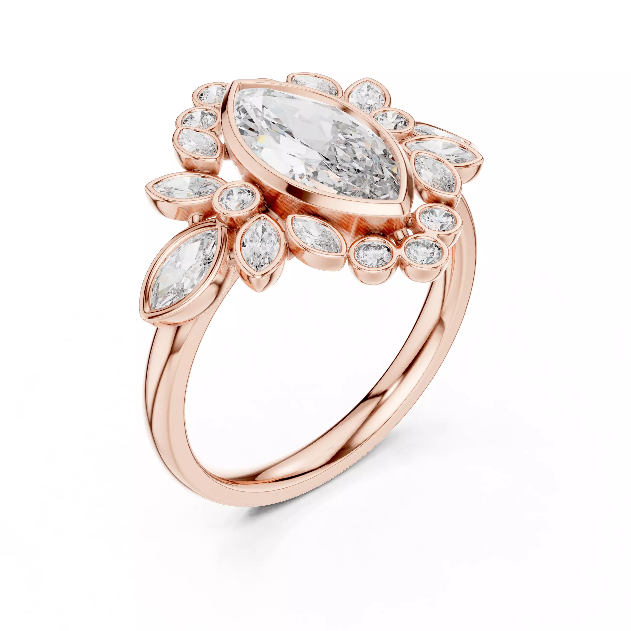 Bezel Set Marquise Round Cluster Diamond Ring 3DM STL Video 3D print model_4