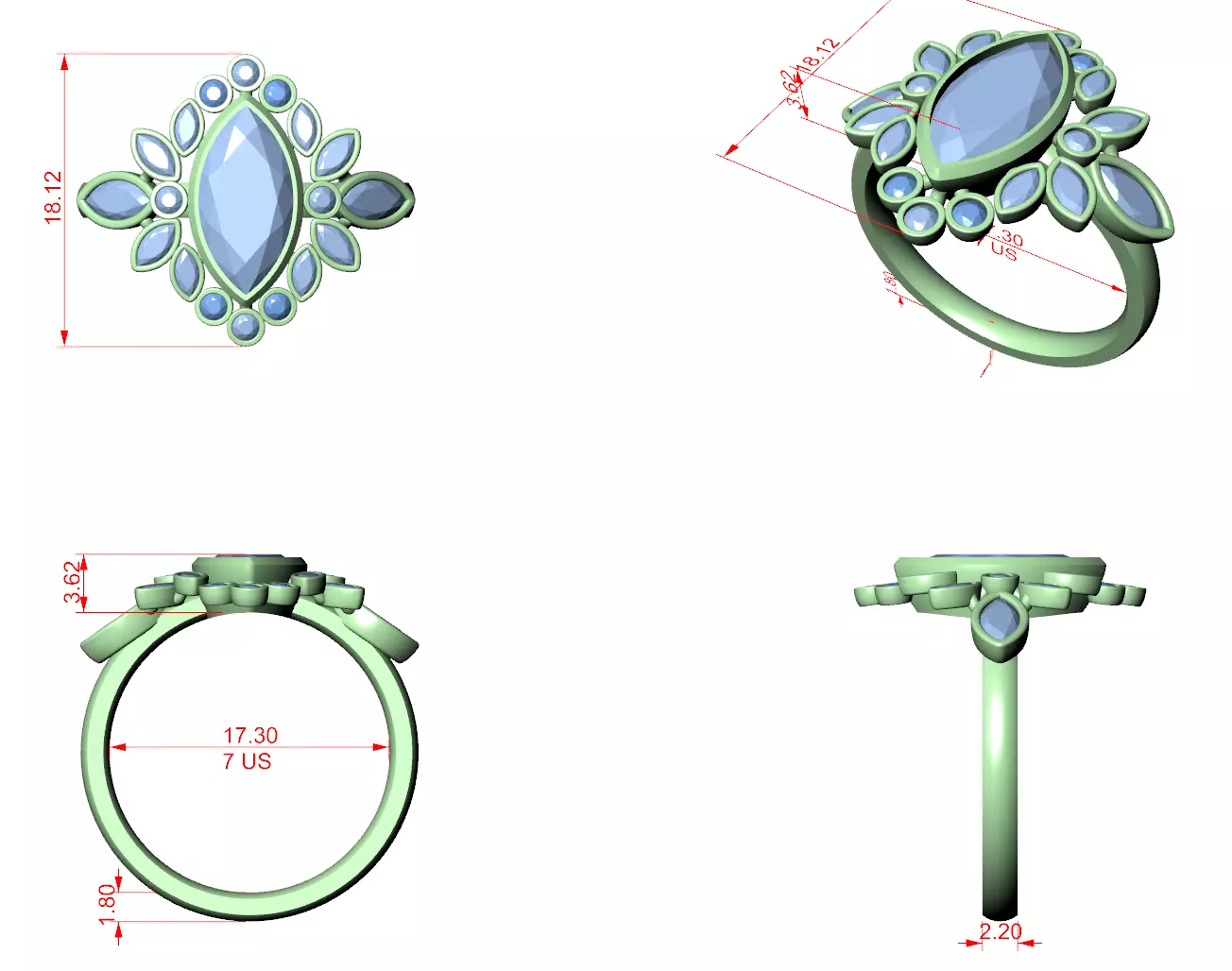 Bezel Set Marquise Round Cluster Diamond Ring 3DM STL Video 3D print model_12