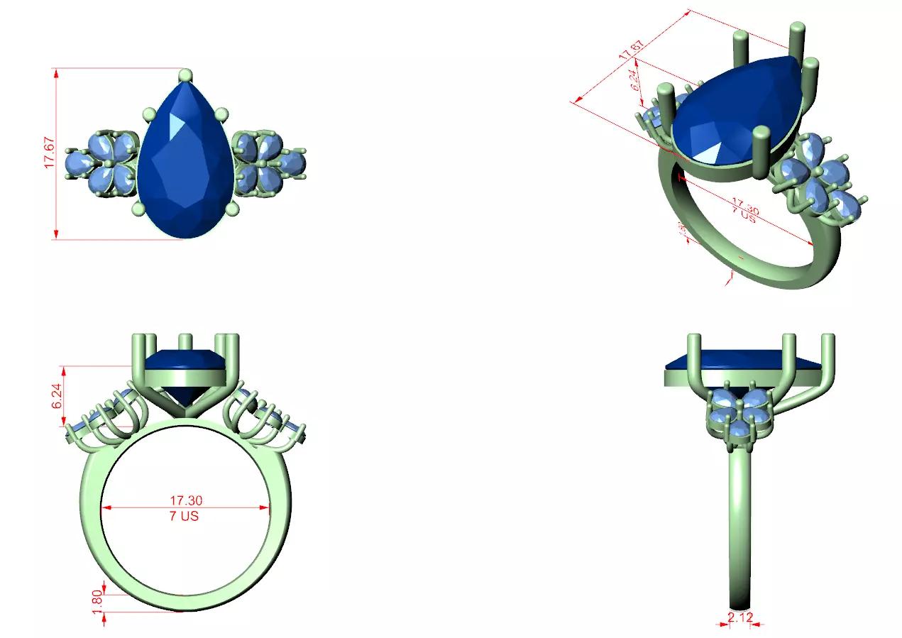 Pear Cut Cluster Diamond Engagement Wedding Ring 3DM STL Video 3D print model_12