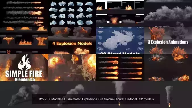 125 VFX Models 3D  Animated Explosions Fire Smoke Cloud 3D Model 3D Model Collection